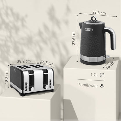 Sleek Textured Kettle and Four-Slice Toaster Set - Black