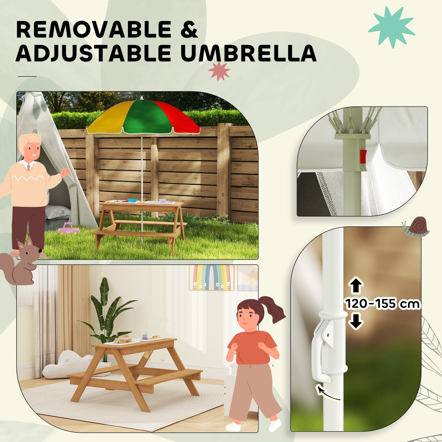 Kids Picnic Table, Sand and Water Table with Wooden Benches, Adjustable Parasol and Storage Bins, Multicolour
