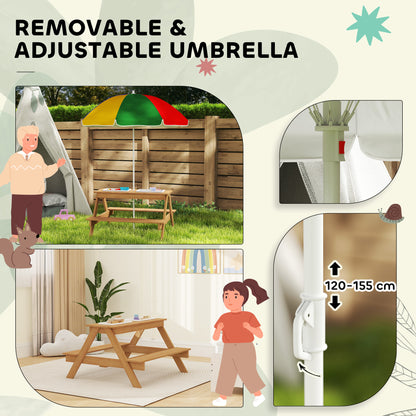 Kids Picnic Table, Sand and Water Table with Wooden Benches, Adjustable Parasol and Storage Bins, Multicolour