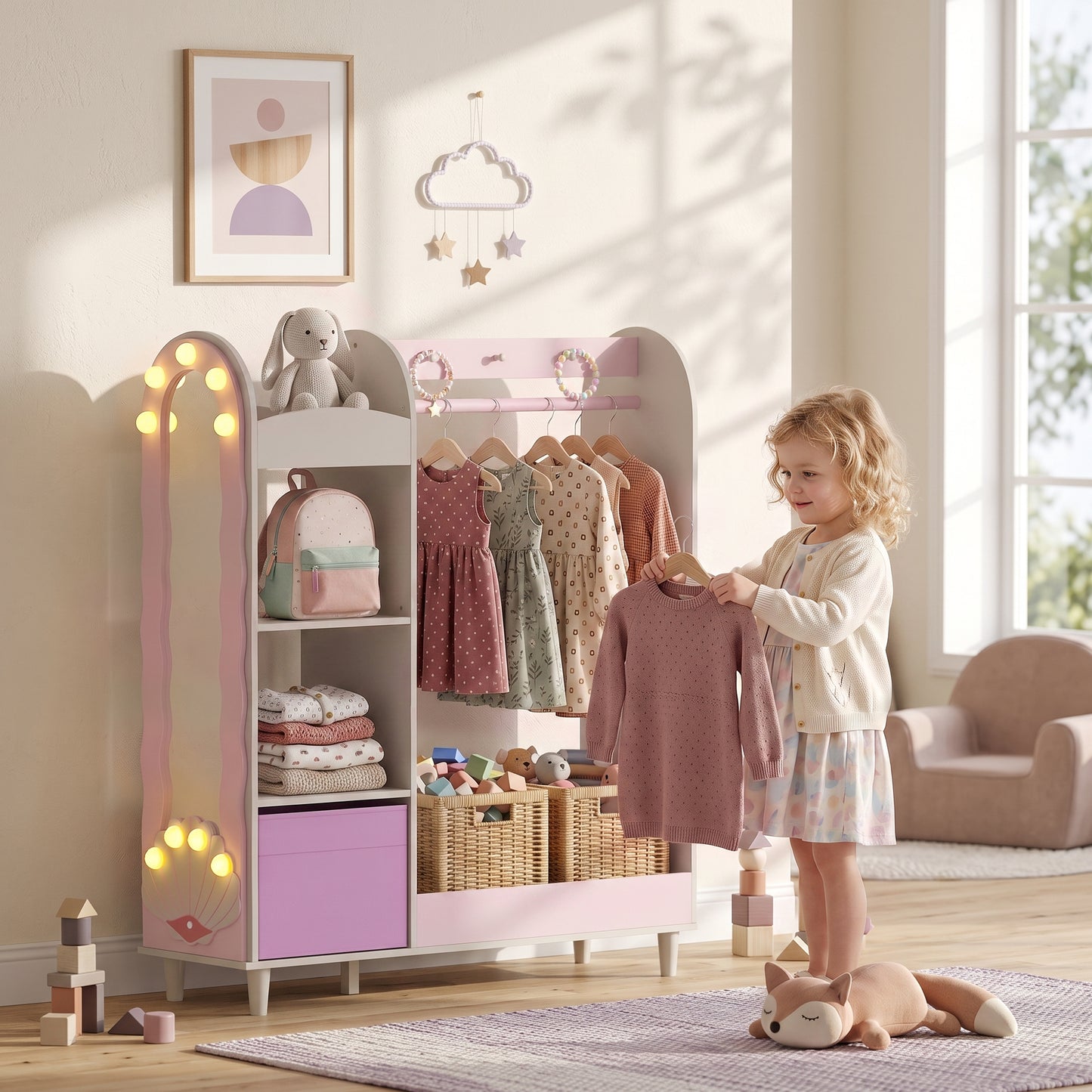 Kids Clothing Rack, Kids Wardrobe with Glowing Lights Mirror, Non-Woven Drawer and Shelves for Bedroom, Ages 3-8, Pink