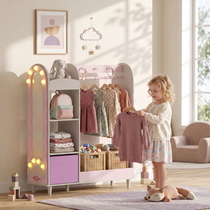 Kids Clothing Rack, Kids Wardrobe with Glowing Lights Mirror, Non-Woven Drawer and Shelves for Bedroom, Ages 3-8, Pink