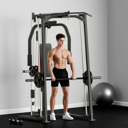 3-in-1 Gym Station with 17-level Squat Rack Dual Cable Pulley System Home Strength Training, Black