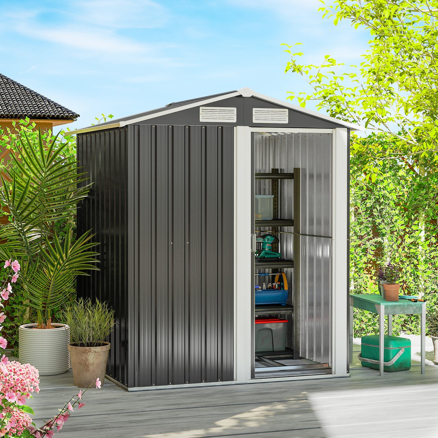 Garden Metal Tool Storage Shed with Sliding Door, Sloped Roof and Foundation Kit, 152 x 132 x 188cm, Grey