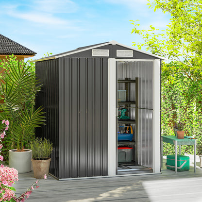 Garden Metal Tool Storage Shed with Sliding Door, Sloped Roof and Foundation Kit, 152 x 132 x 188cm, Grey