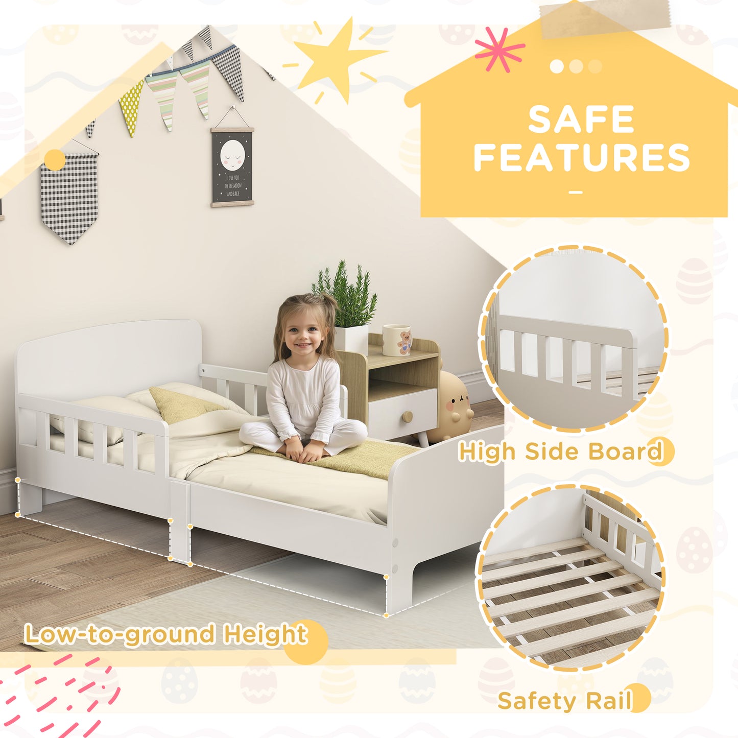 Toddler Bed, Kids Bed Frame with Safety Side Rails, Kids Bedroom Furniture for Ages 3-8 Years, White