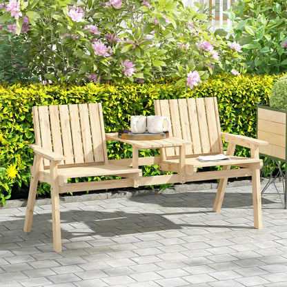 2-Seater Garden Loveseat with Table and Parasol Hole for Porch, Patio, Natural Wood Finish