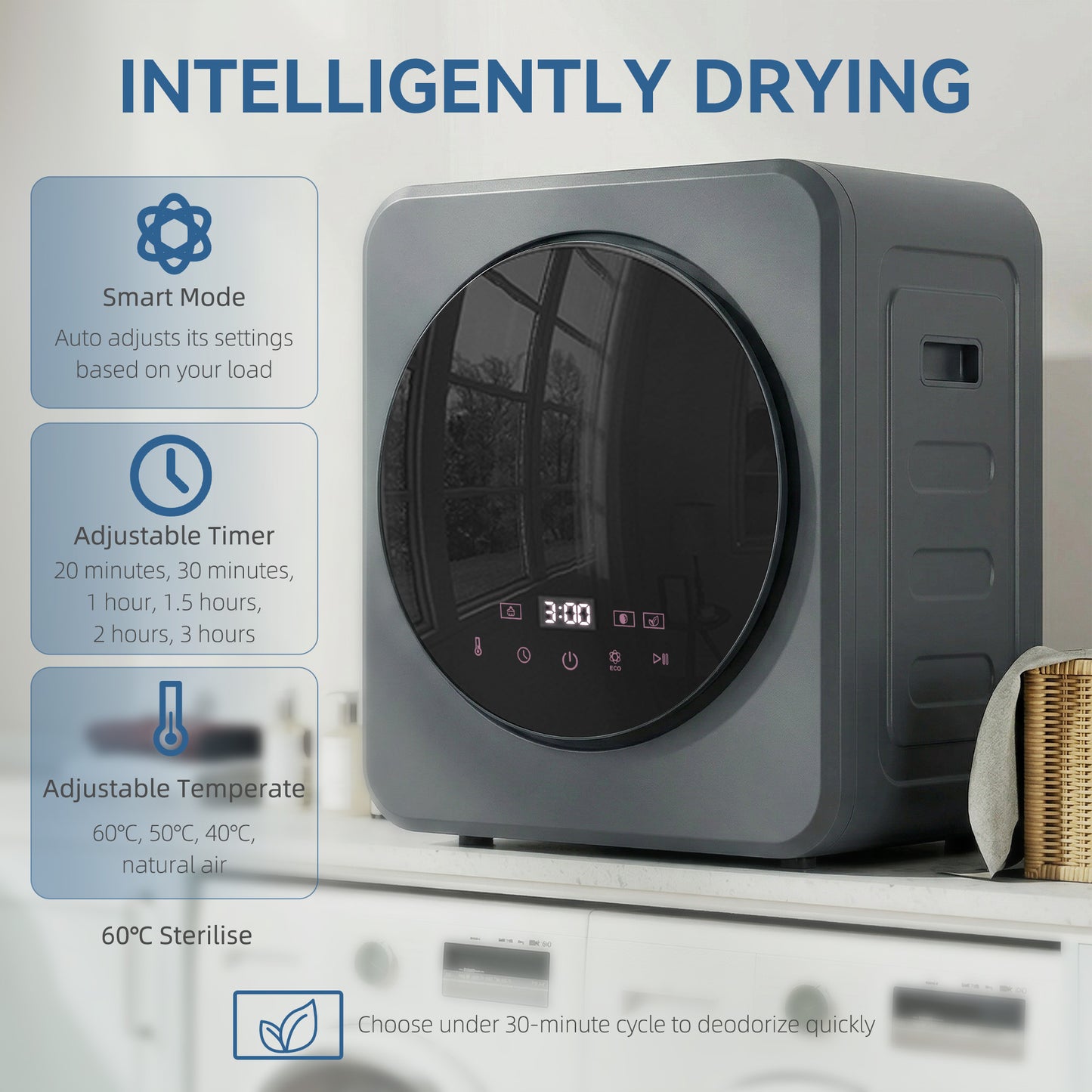 Vented Tumble Dryer, 4 kg Front Tumble Dryer with Stainless Steel Tub, 800W Compact Freestanding Grey