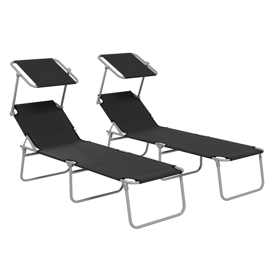 Foldable Sun Lounger Set of 2 with Sun Shade & Adjustable Backrest - Black