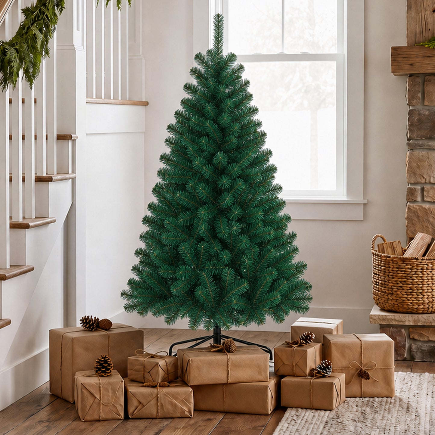 5ft Artificial Christmas Tree, Fir Hinged Xmas Tree with 420 Branch Tips, Foldable Steel Stand, Green