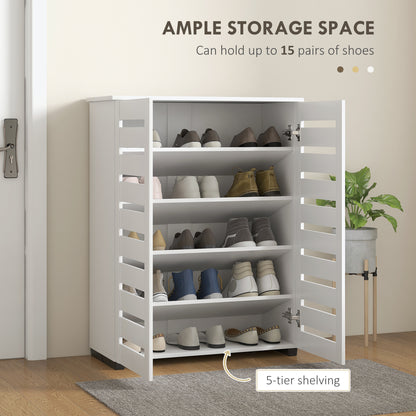 Narrow Shoe Cabinet for Entryway, 5-Tier Slim Shoe Storage Cabinet with 2 Slatted Doors and Adjustable Shelves