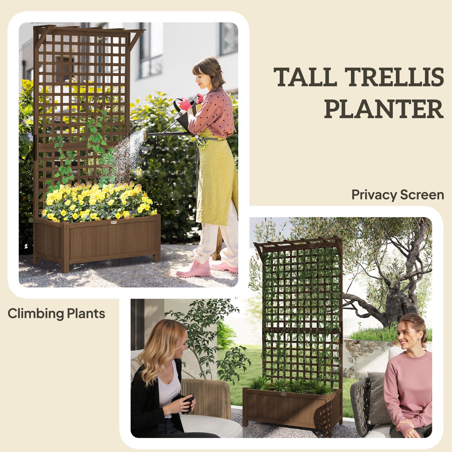 Raised Bed with Drainage Holes, Wood Planter with Trellis for Climbing Plants to Grow Vegetables, Flowers, Brown