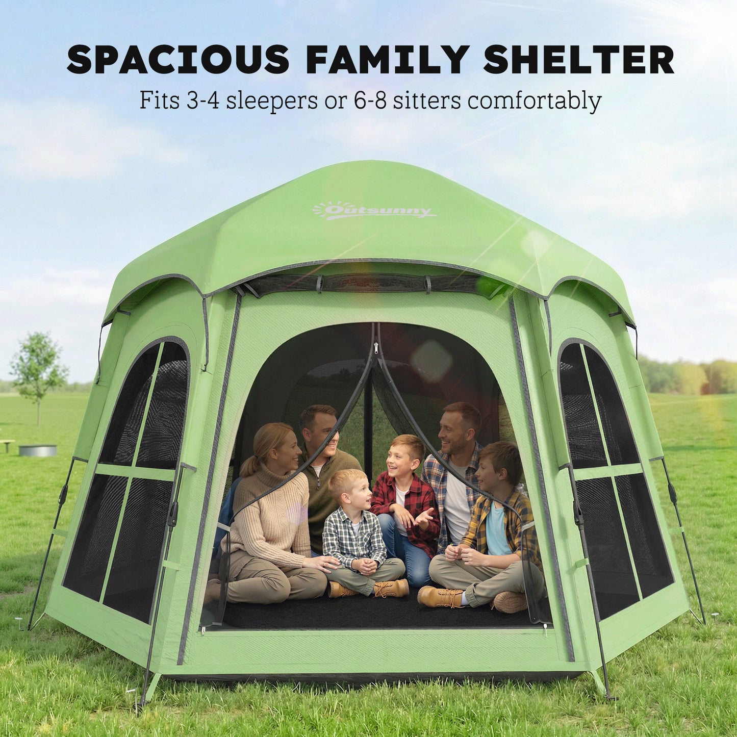 Pop Up Tent 3000mm Waterproof Instant Camping Tent 3-4 Person with 2 Doors 4 Windows Green