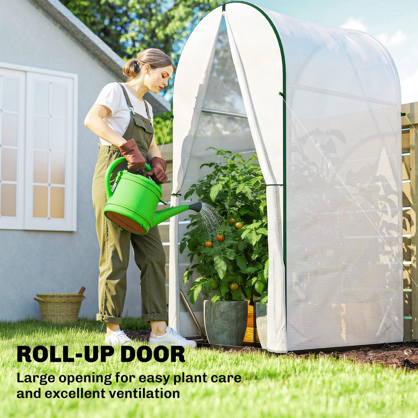 Mini Greenhouse, Portable Green House with Roll-Up Door, PE Base, Small Greenhouse, 100 x 100 x 195 cm, White