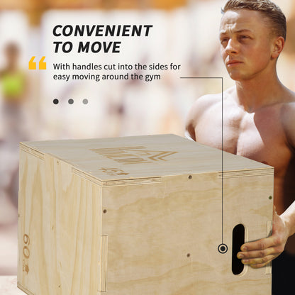 3-in-1 Wooden Plyo Box, Plyometric Jump Box with Handle Openings for Home Gym, Workout Training, 16" x 20" x 24", Natural