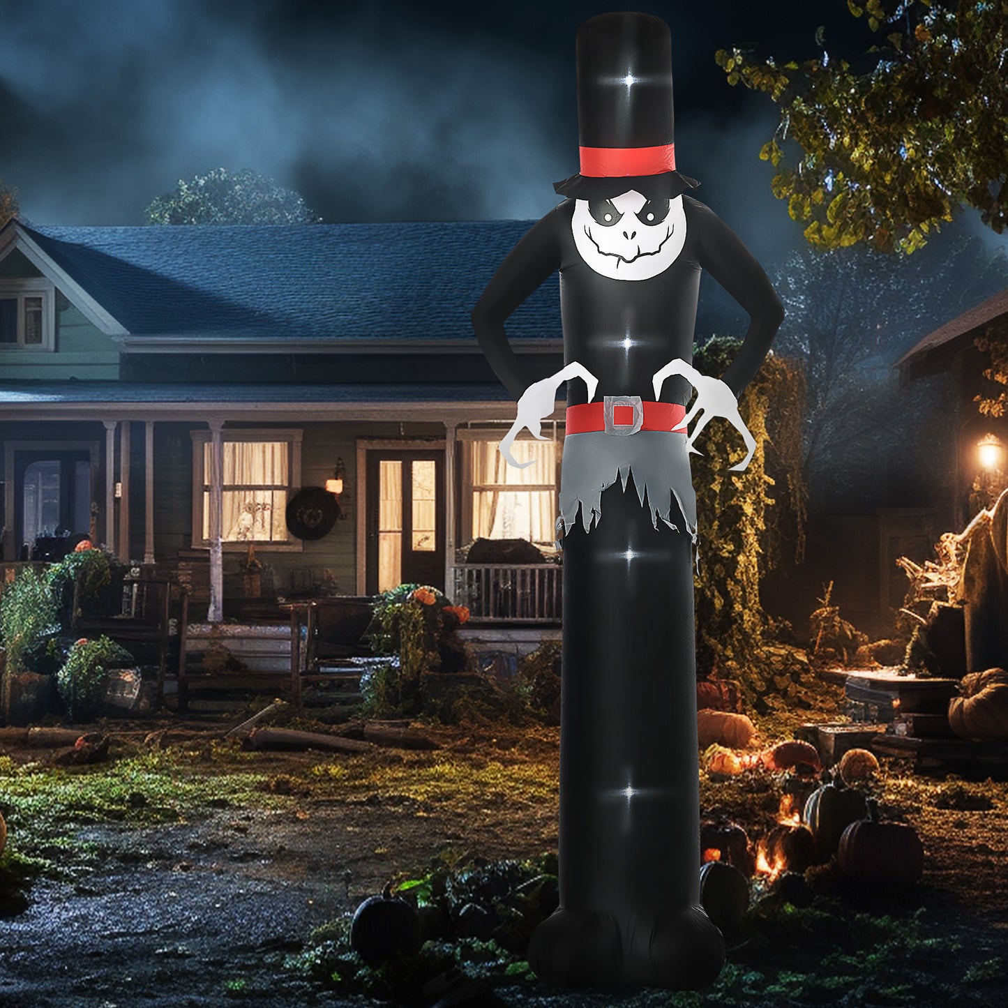 Giant 10ft Halloween Inflatables Tall Ghost with Hat, Build-in LEDs Blow Up Scary Outdoor Decorations