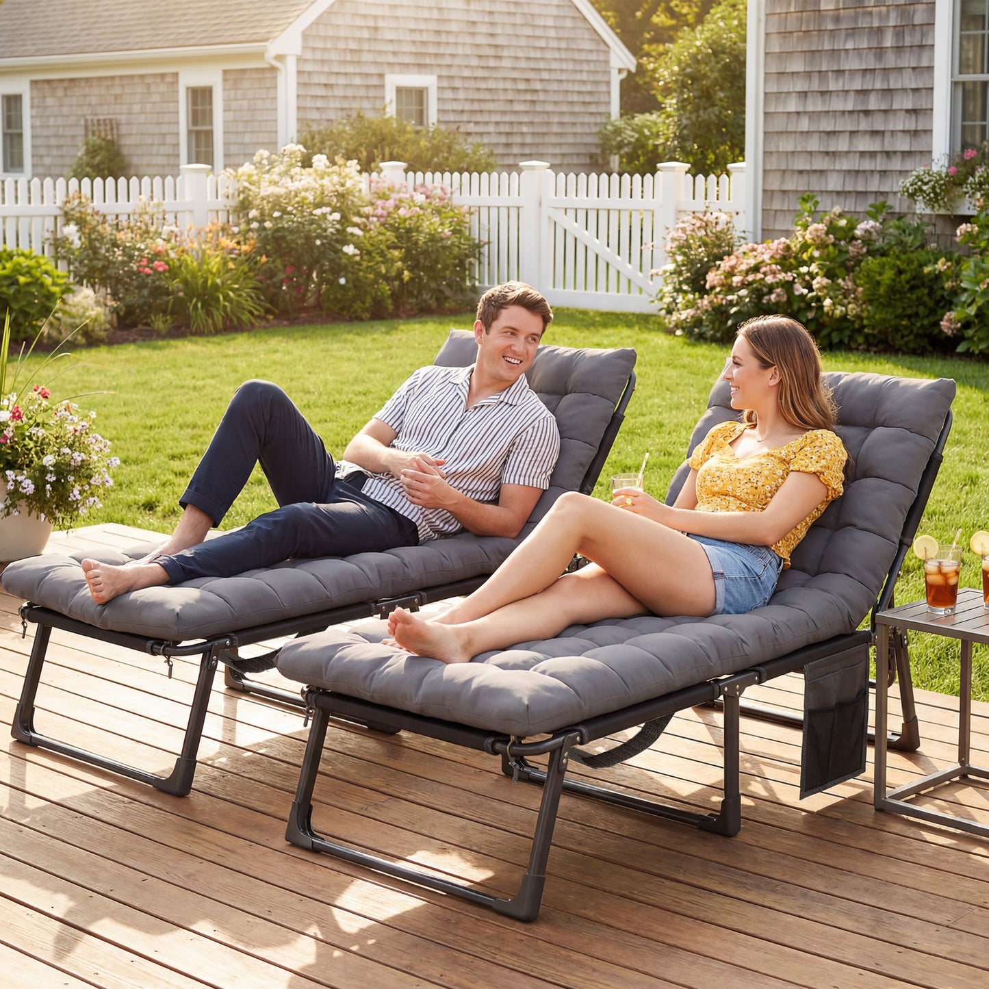 Folding Sun Loungers for Garden Set of 2, 5-Position Oversized Camping Bed Recliner with Cushions, Dark Grey