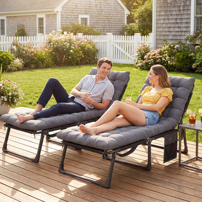 Folding Sun Loungers for Garden Set of 2, 5-Position Oversized Camping Bed Recliner with Cushions, Dark Grey