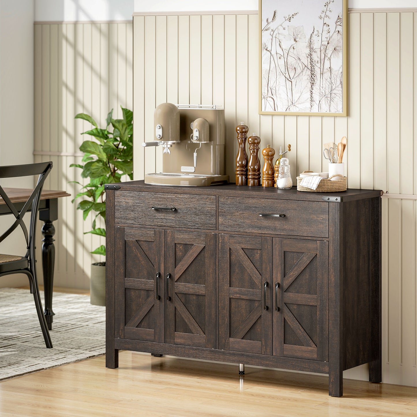 Kitchen Cupboard, Sideboard with 4 Doors, 2 Drawers and 2 Adjustable Shelves for Dining Room, Dark Brown