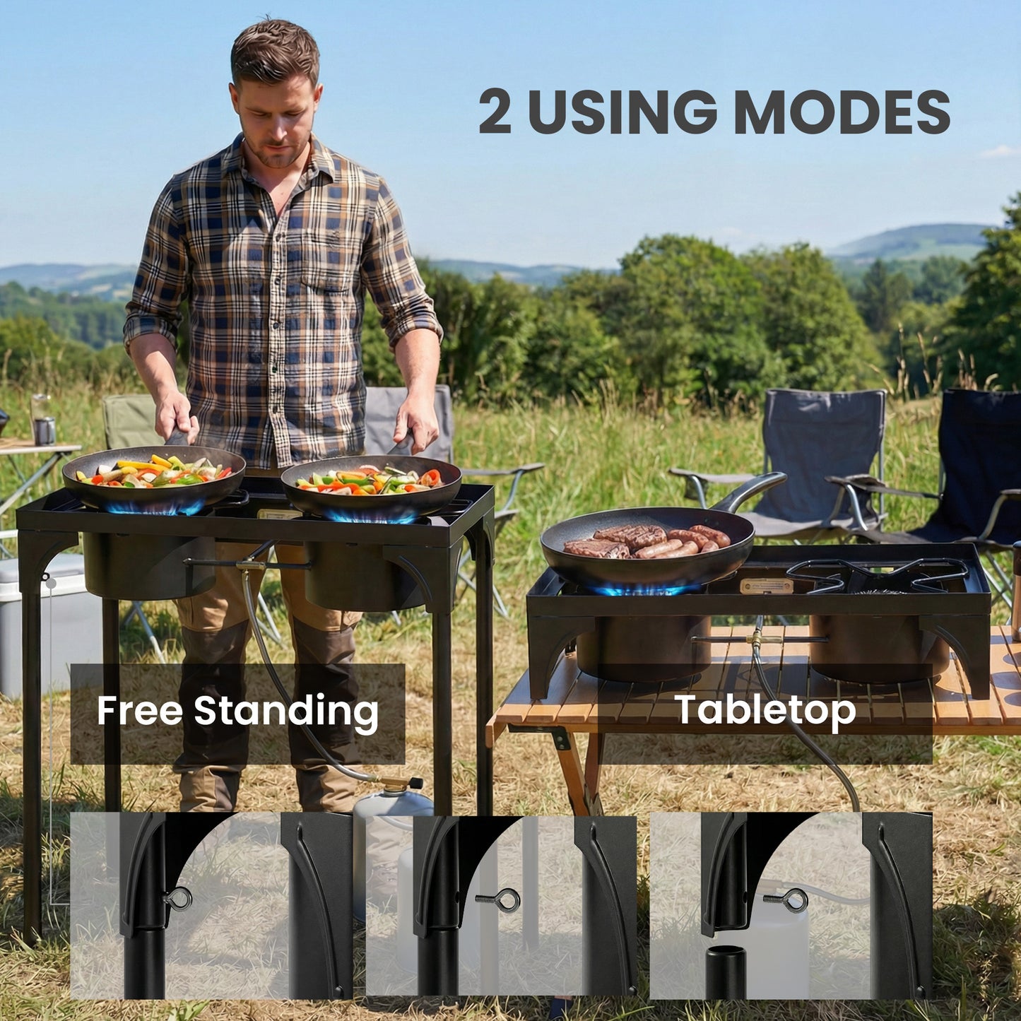 Double Burner Camping Stove, 150,000 BTU High Pressure Camping Gas Stove with Detachable Legs, Black