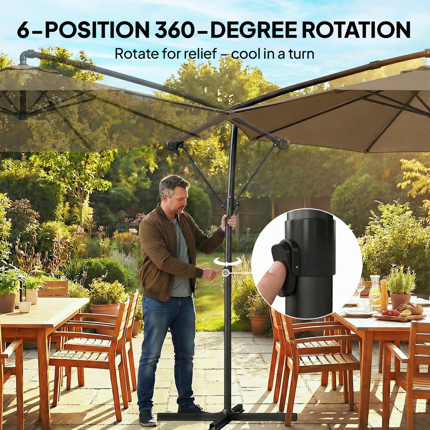 3 m Garden Cantilever Parasol with Cover, Round Overhanging Umbrella with 360° Rotation, Tilt, Khaki