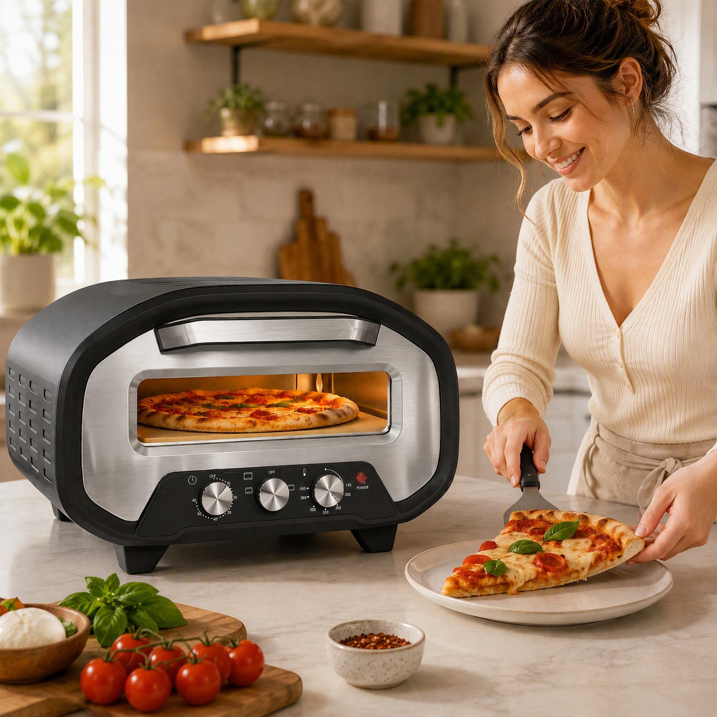 Electric Pizza Oven, Pizza Maker with 3 Knob Control and Ceramic Stone, Viewing Window, 2200W