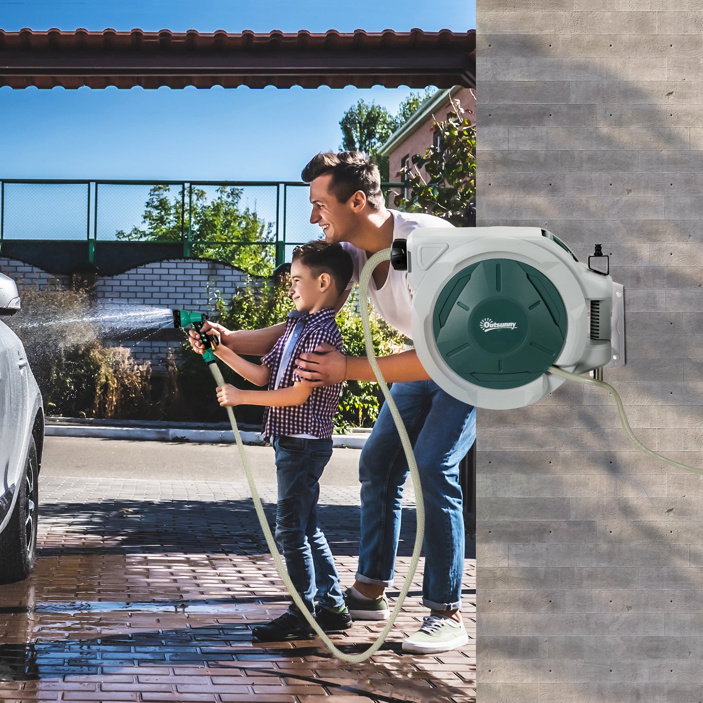 Retractable Hose Reel Wall Mounted, 20+2m Garden Hose Pipe Reel with Lock, Auto Rewind, 7 in 1 Spray Nozzle