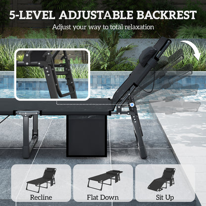 Folding Sun Lounger for Garden, 5-Position Oversized Camping Bed Recliner with Cushions, Dark Grey