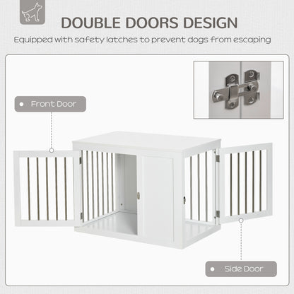 2-in-1 Dog Cage and Side Table, with Two Lockable Doors, for Medium Dogs - White