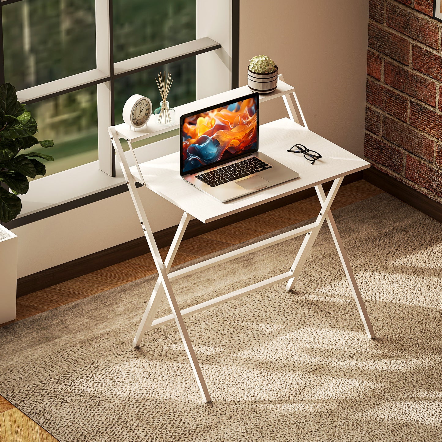 81.5 cm Folding Computer Desk with Monitor Shelf - White