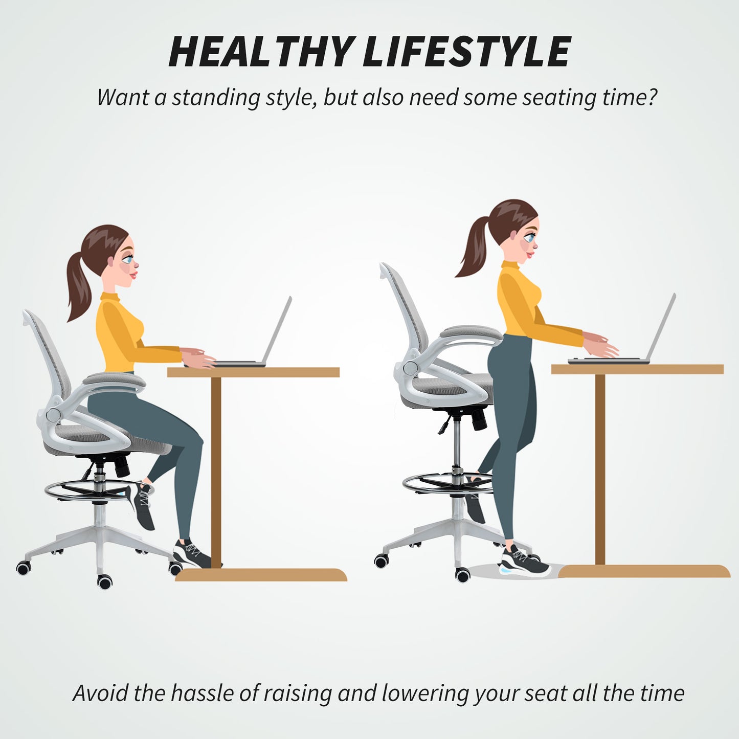 Drafting Chair with Flip-up Armrest, Mesh Office Stool with Foot Ring