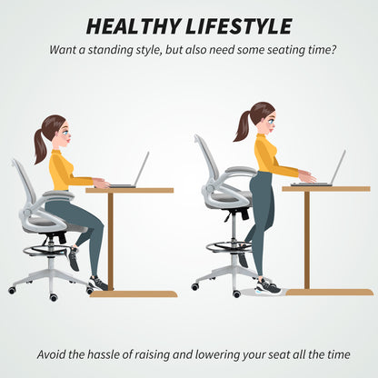 Drafting Chair with Flip-up Armrest, Mesh Office Stool with Foot Ring