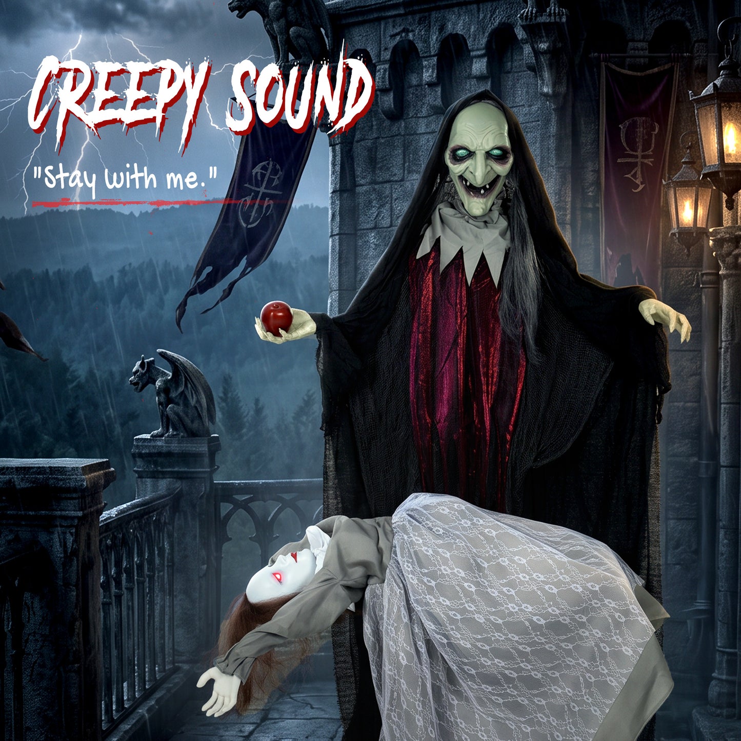 Halloween Animated Standing Witch with Floating Ghost Decoration with Rising and Falling Motion