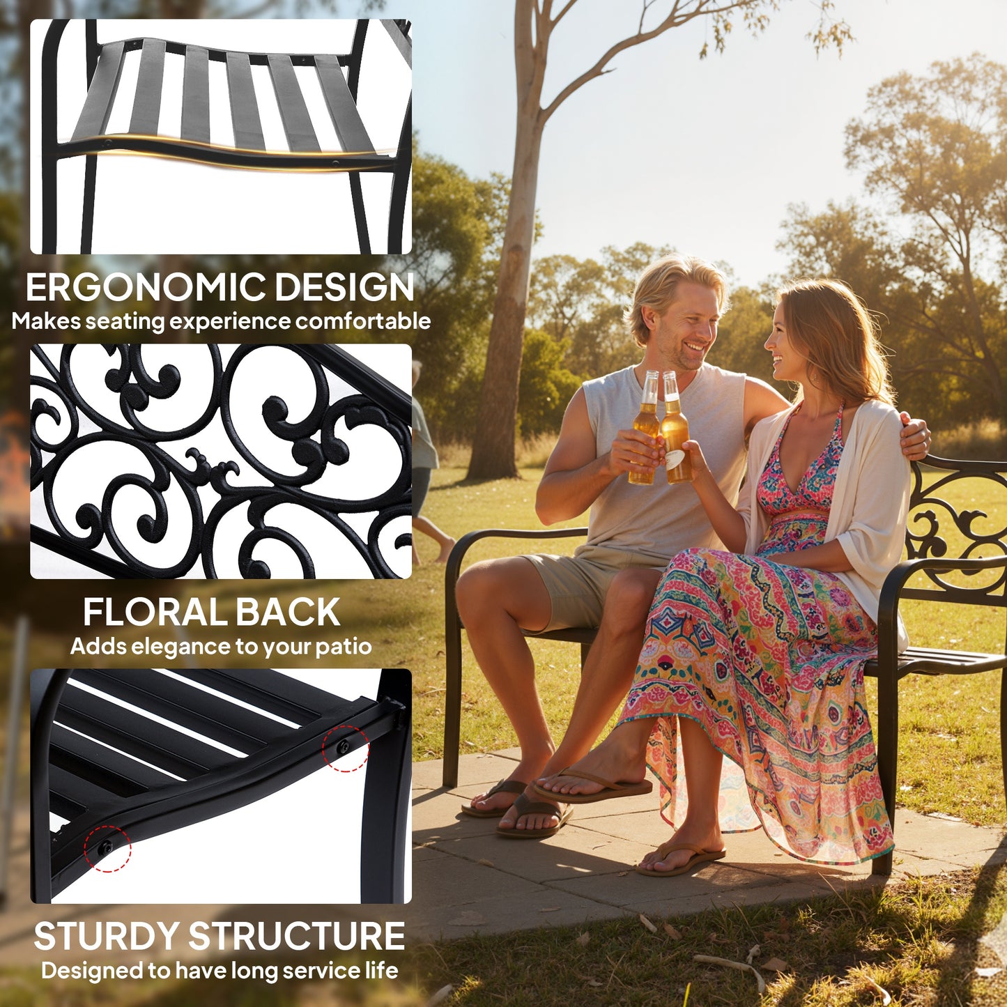 Metal Garden Bench with Floral Backrest and Armrests - Black