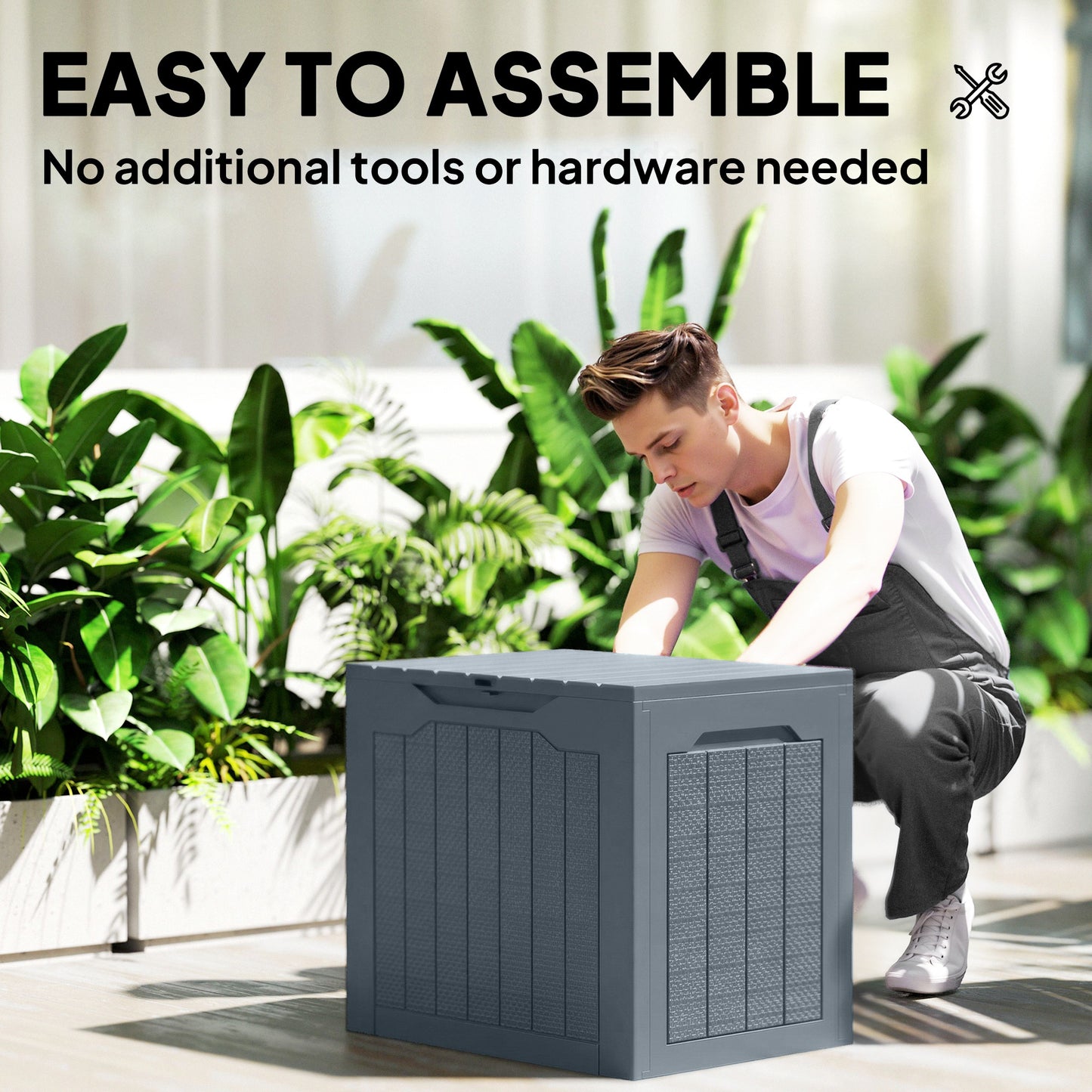 97L Plastic Garden Storage Box, Outdoor Storage Box with Handles, Waterproof Outdoor Storage Container, Light Grey