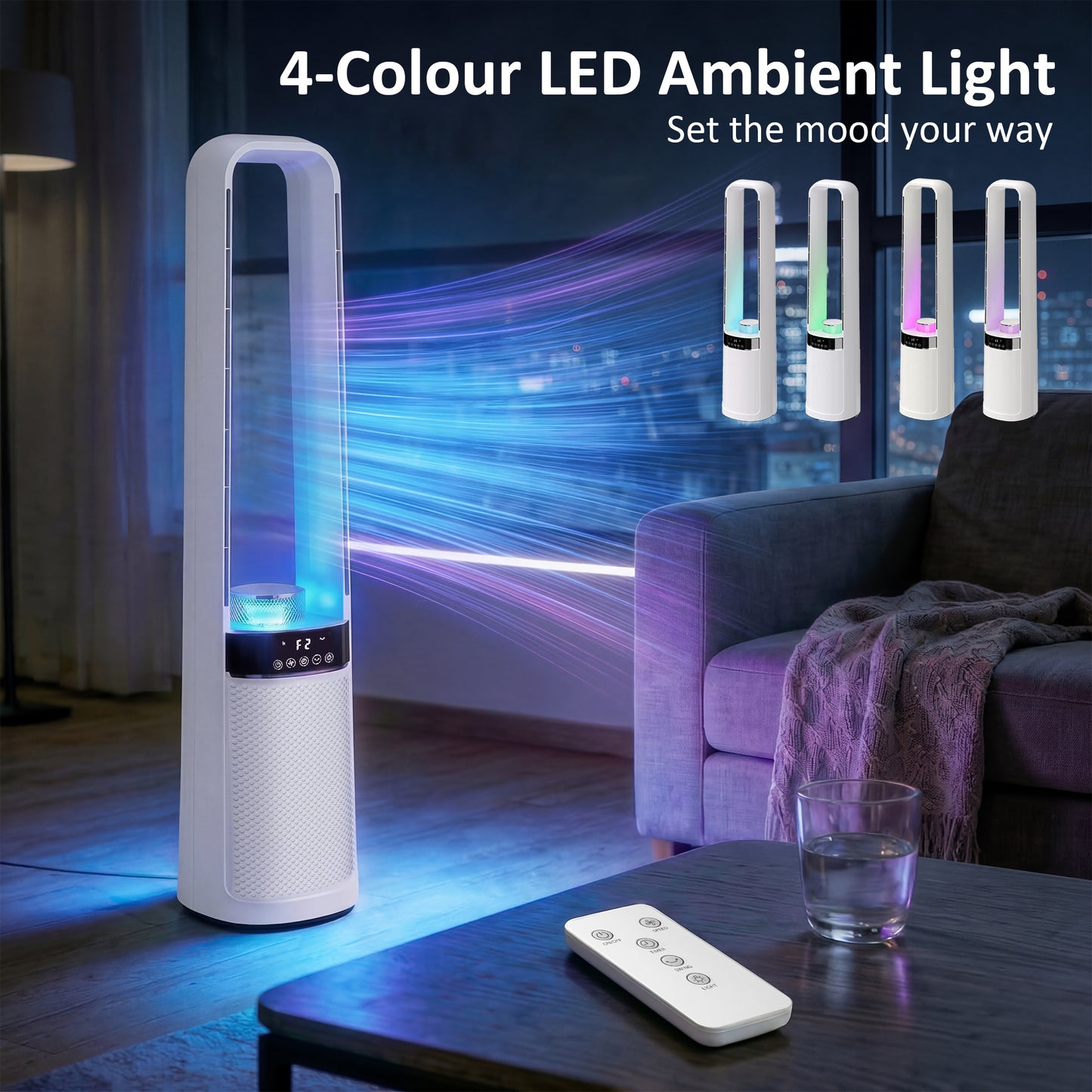 Bladeless Tower Fan, 36dB Standing Cooling Fan with Oscillating, LED Lights, 3 Speeds, 12H Timer, Remote Control