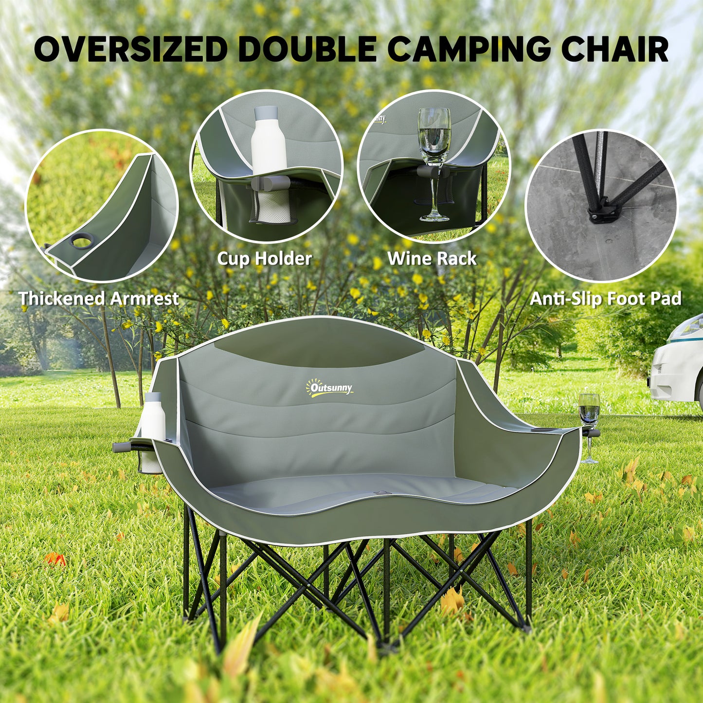 Double Camping Chair for Adults with Armrests, Heavy Duty Oversized Padded Folding Chair with Carry Bag