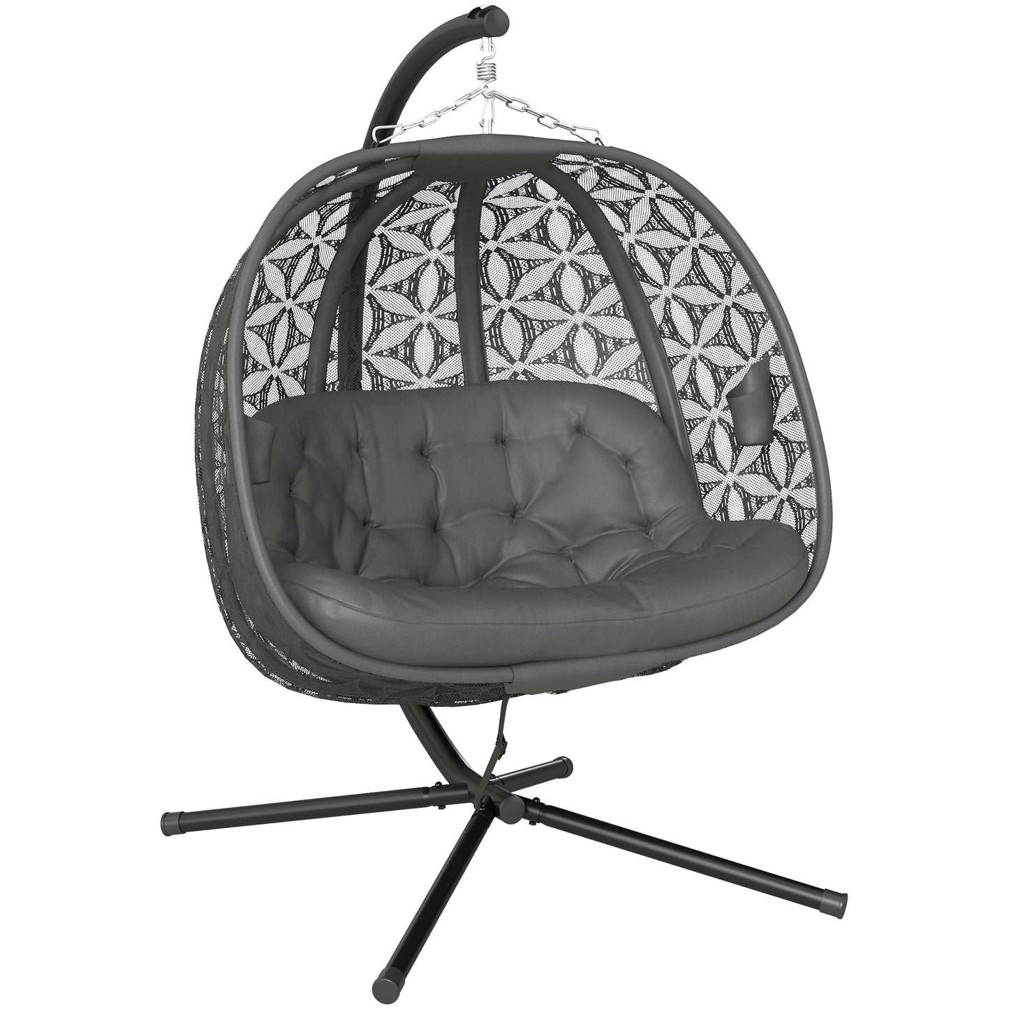 Outdoor Double Hanging Chair with Cushion and Cup Holders, Charcoal Grey