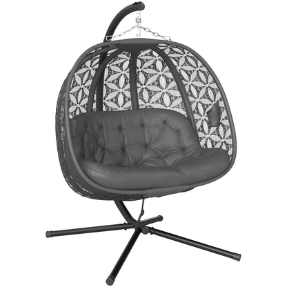 Outdoor Double Hanging Chair with Cushion and Cup Holders, Charcoal Grey