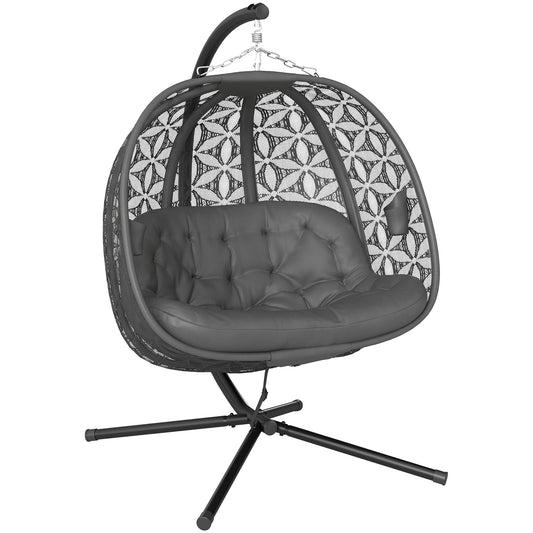 Outdoor Double Hanging Chair with Cushion and Cup Holders, Charcoal Grey