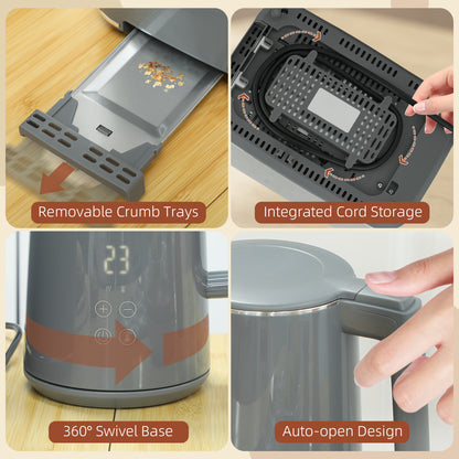 Digital Stainless Steel Kettle and Toaster Set, 1.5L 3000W Fast Boil Kettle, 2 Slice Toaster with 7 Level Browning Controls