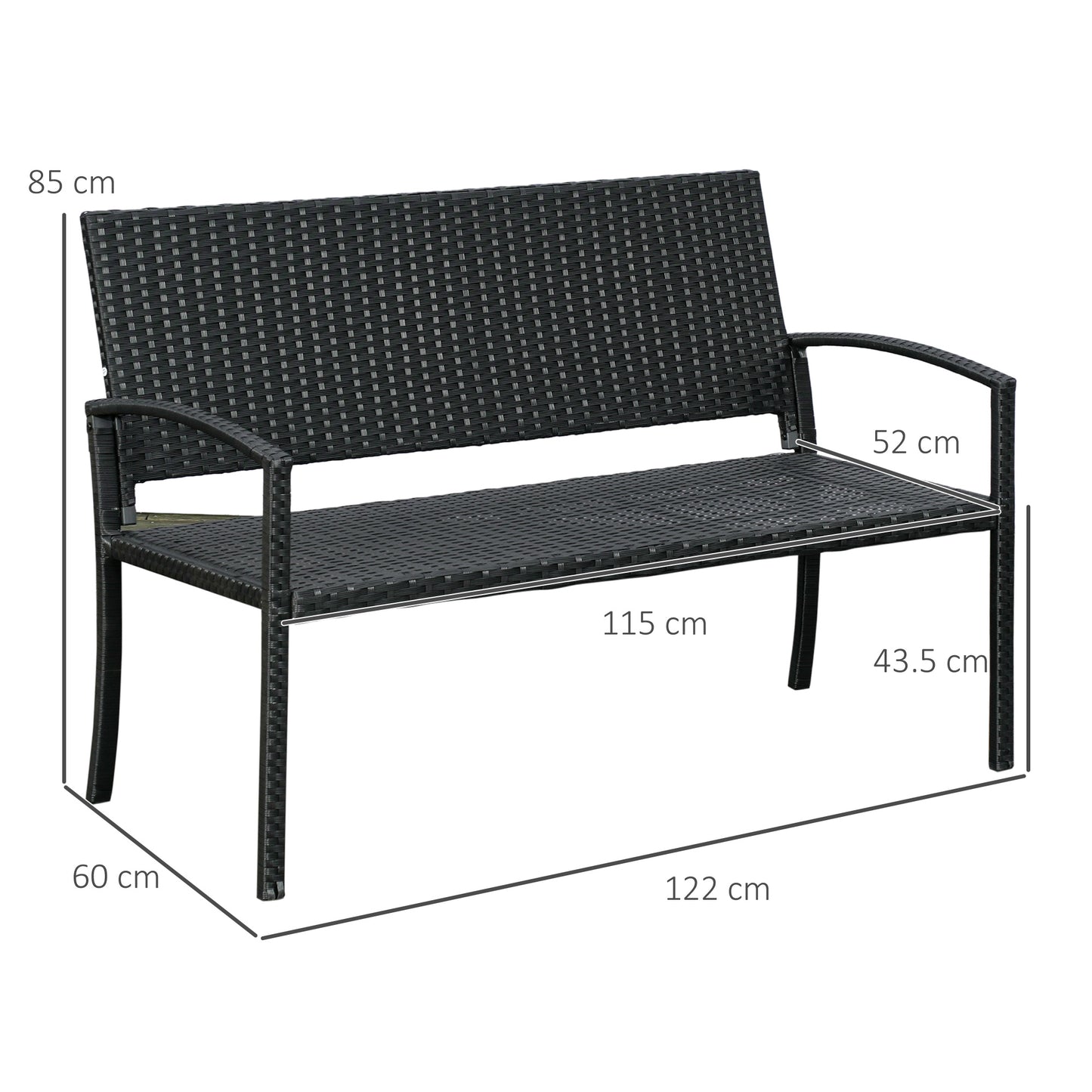2 Seater Poly Rattan Garden Bench, All Weather Wicker Garden Loveseat, Outdoor Seating Bench with 240 Load Capacity