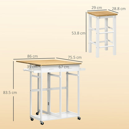 Kitchen Island Set with 2 Stools, Bamboo Breakfast Cart with Drop Leaf Top, Drawers and Towel Rack
