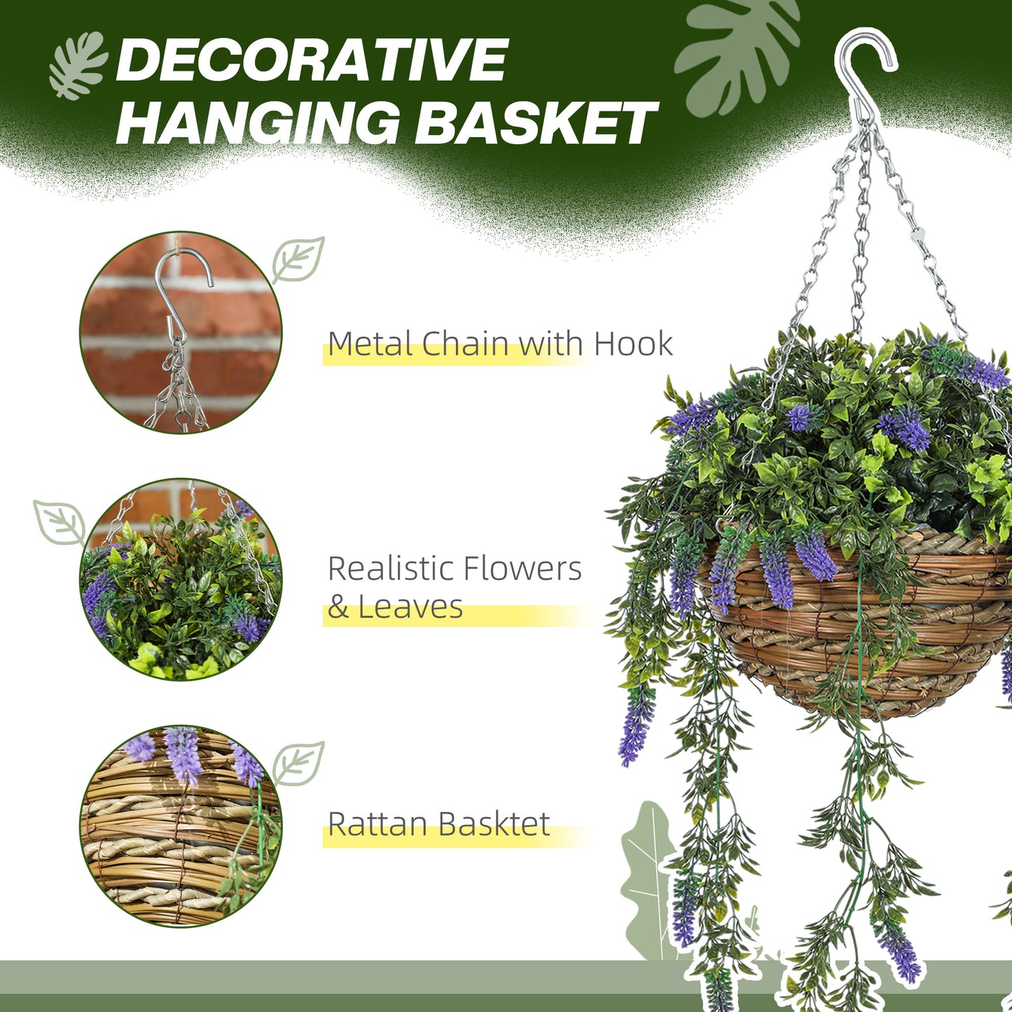Set of 2 Decorative Artificial Plants, Faux Silk Lavender Flowers in Hanging Baskets