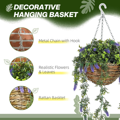 Set of 2 Decorative Artificial Plants, Faux Silk Lavender Flowers in Hanging Baskets