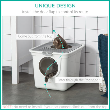 Cat Litter Box, Pet Toilet, Enclosed Kitten Pan with Front Entrance Top Exit, High Side, Scoop, White