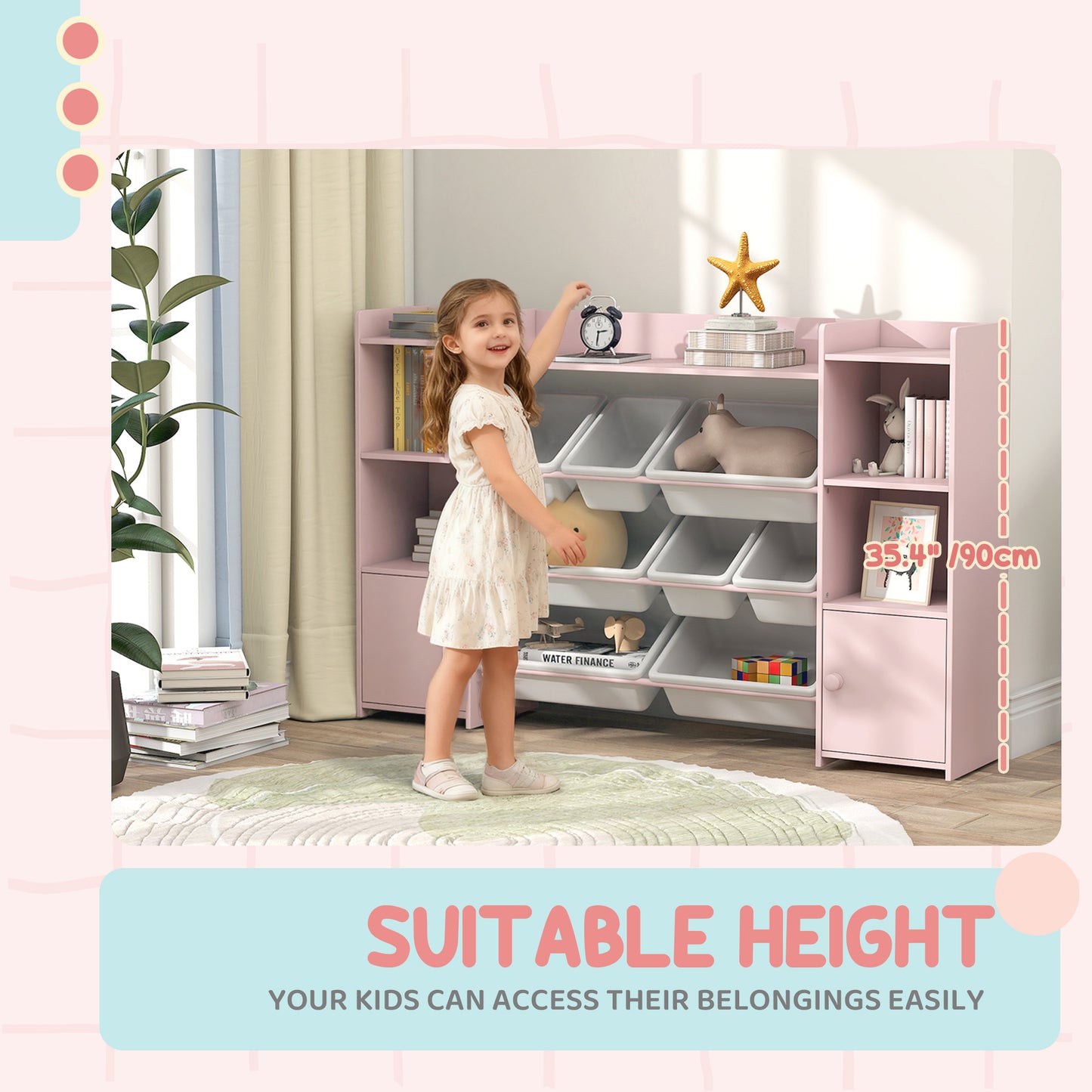 Kids Toy Organizers and Storage with 8 Removable Storage Bins and Bookshelf, Pink