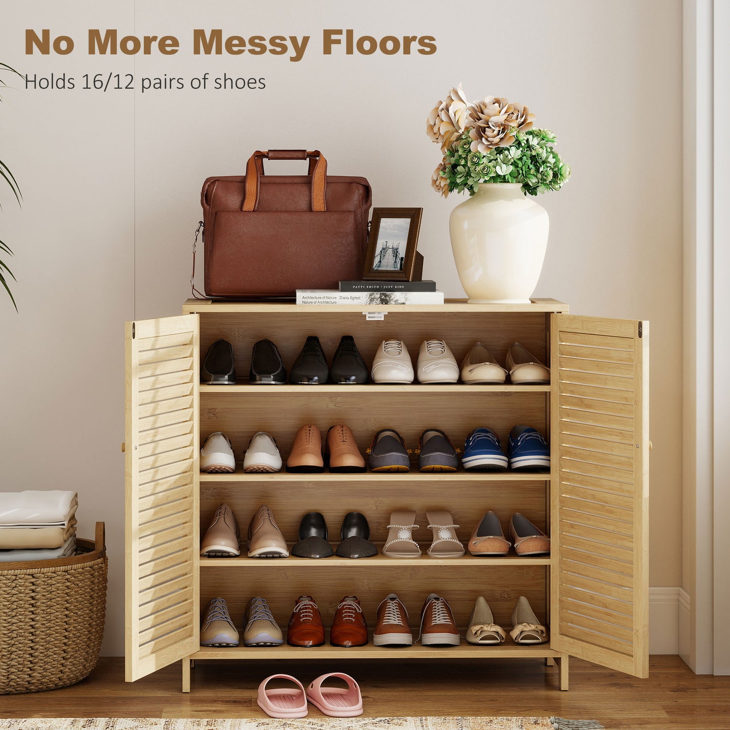 Bamboo Shoe Cabinet with Louvered Doors, 14 Pairs Shoe Storage Cabinet with Adjustable Shelves for Hallway, Natural