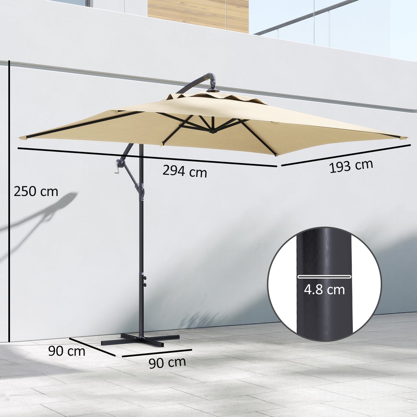 3m Square Canopy Cantilever Parasol, with Cross Base - Beige