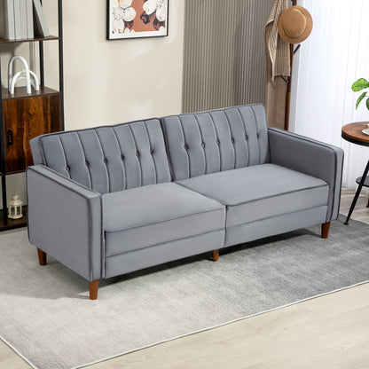 Velvet-Feel Three-Seater Sofa Bed with Wooden Legs, 300 kg - Dark Grey