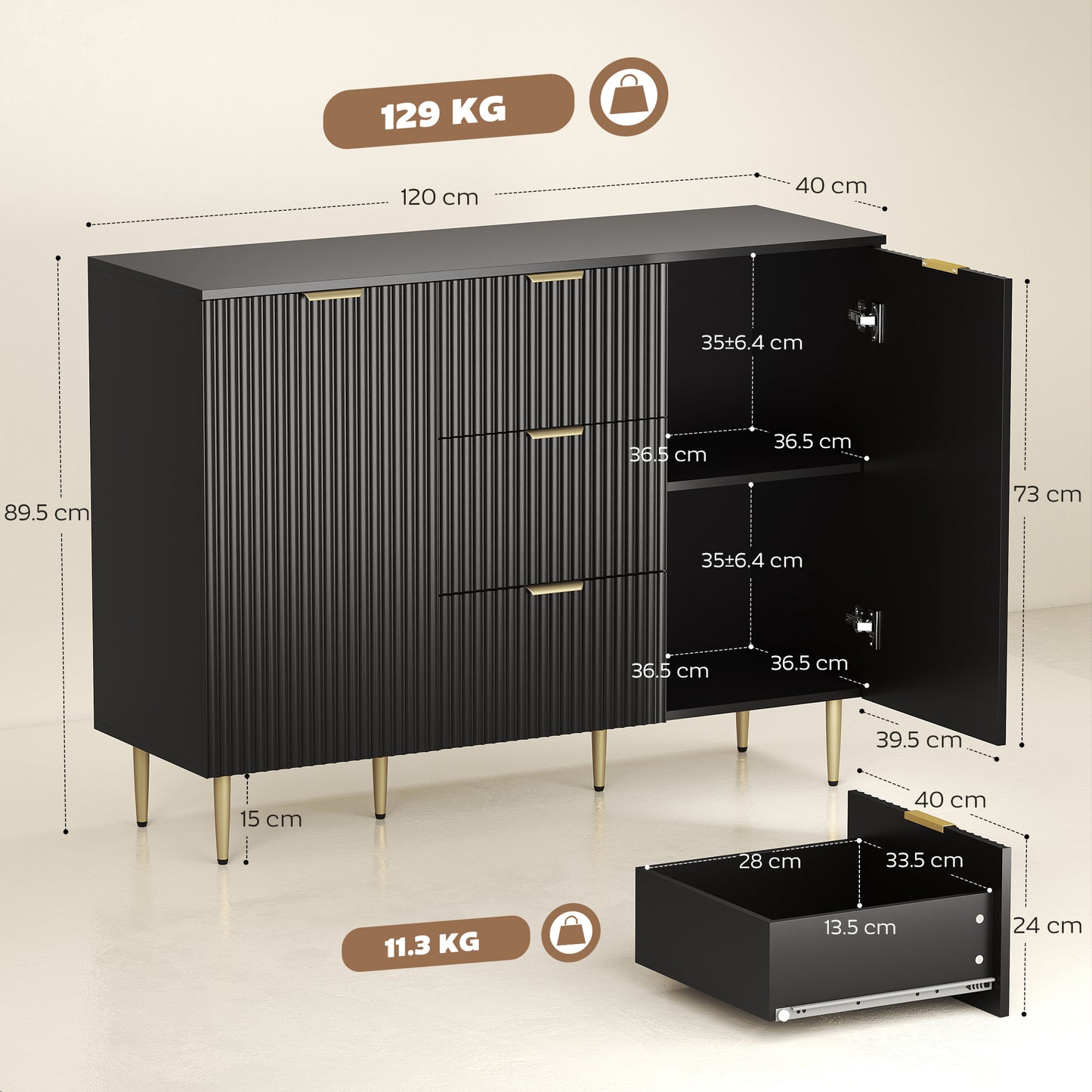 2-Door Sideboard with 3 Drawers and Adjustable Shelves - Black